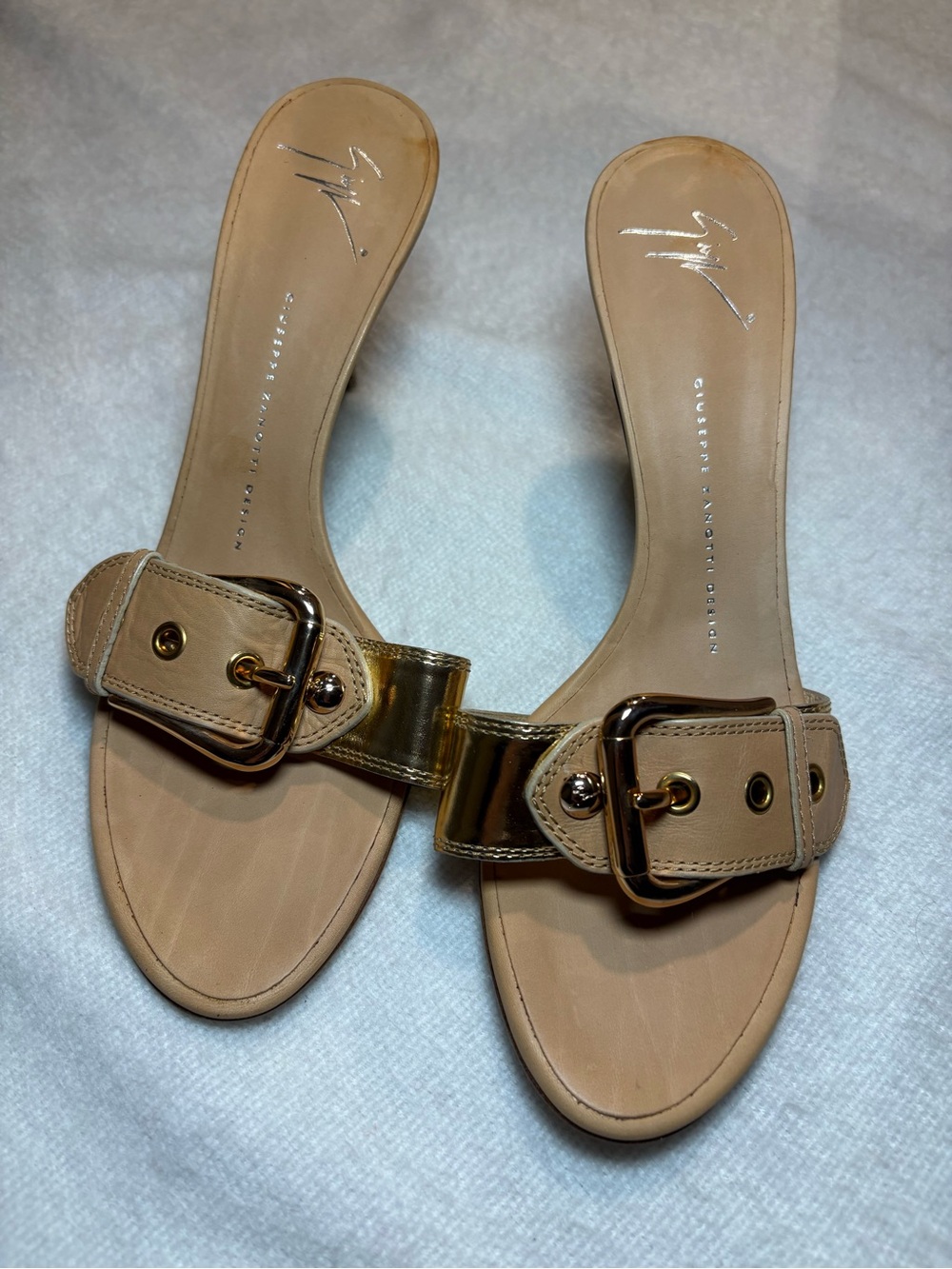 Giuseppe Zanotti Beige Leather Slide Sandals with Gold Buckle